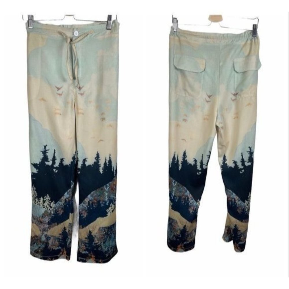 Drawstring Mountain Ombre Landscape Casual Pants Sz L - Picture 2 of 6